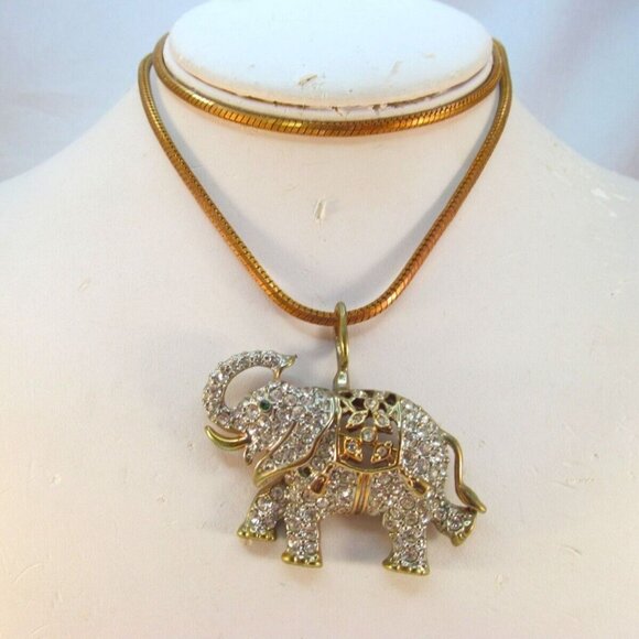 Vintage Rhinestone Good Luck Elephant Combo Brooch Pendant Necklace - Picture 4 of 16